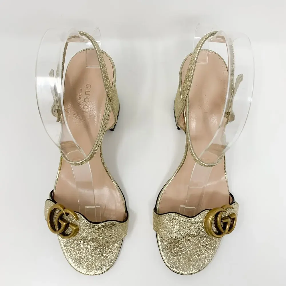 Gucci Marmont Metallic Gold GG Block Heel Sandals Size 37